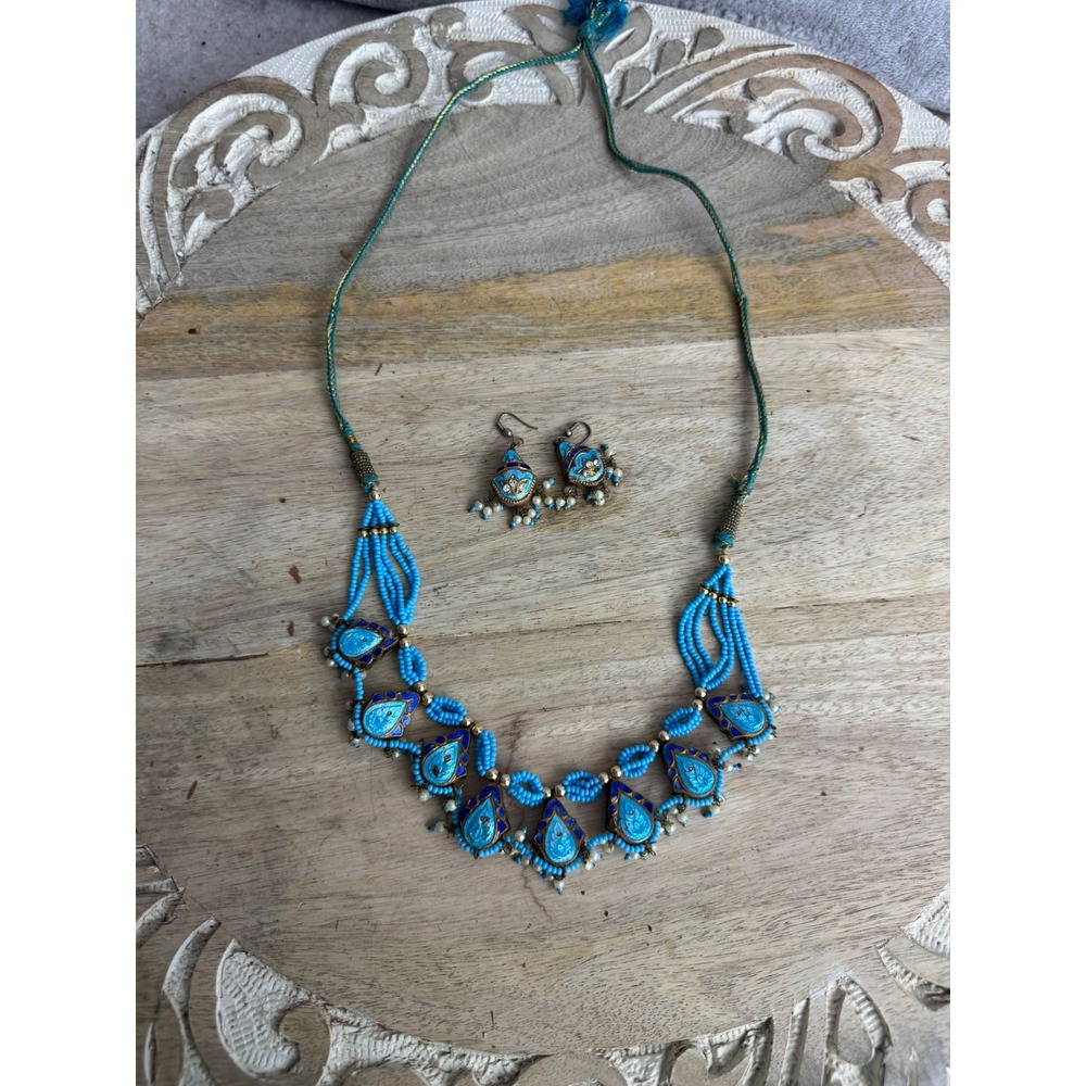 Indian Enamel Turquoise Beaded Necklace and Earring Set Boho Ethnic‎ Jewelry
